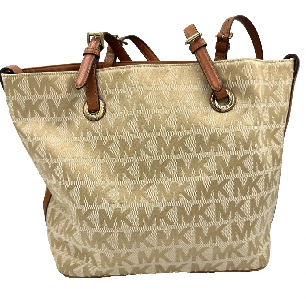 Michael Kors Jet Set MK Signature Jacquard Medium Tote Grab Bag Tan Neutral NEW‎